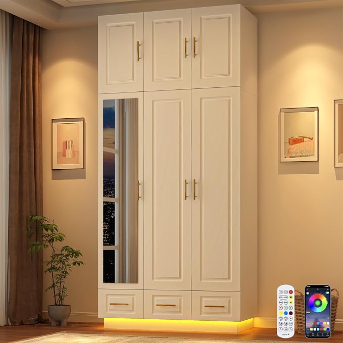 Hlivelood Large Armoire Wardrobe Closet Cabinet with Drawers and LED Lights, Multi-Tier Shelves, Hanging Rod, Large Capacity Storage 3 Door Wardrobe Armoire with Top Cabinet for Bedroom, White