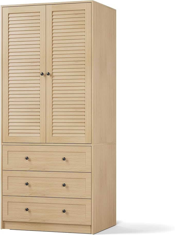 GarveeHome Armoire Wardrobe Closet with Drawers, 69.5 in Wooden Wardrobe Cabinet with Hanging Rod, 2 Doors Clothing Storage Cabinet for Bedroom, Large Capacity Storage, Louvered Door, Natural
