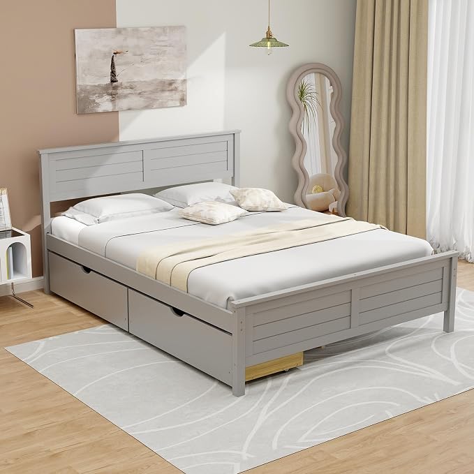 Giantex Wood Full Size Bed Frame with 2 Storage Drawers, Solid Wood Platform Bed with Headboard, Wooden Slats Mattress Foundation, No Spring Needed, Full Bed Frame for Kids, Teens, Adults, Grey