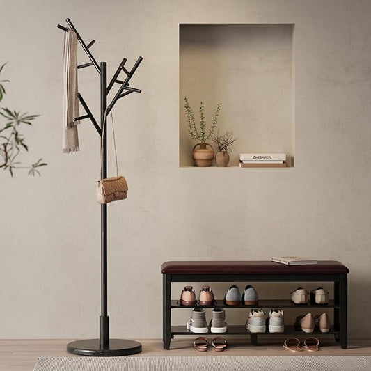 Muwuele Coat Rack, Solid Wood Coat Rack Freestanding with 12 Hooks, Coat tree freestanding 3 Adjustable Heights for coat, Hats, Handbags, Coat Stand for Entryway, Bedroom (Black)