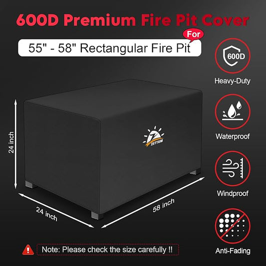 Zettum Fire Pit Cover Rectangular 58 Inch - Outdoor Fire Table Cover Rectangle Heavy Duty & Waterproof, 600D Patio Propane Gas Firepit Cover Rectangular Fade & Weather Resistant - 58 x 24 x 24 Inch