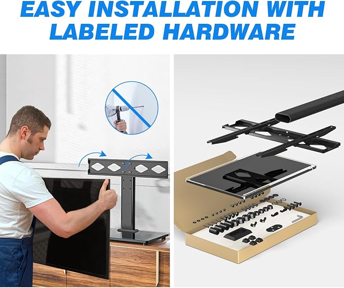 Rfiver Universal Table Top TV Stand TV Base Replacement for Most 27-60 Inch LCD LED Flat Curved Screen TVs Holds up to 88lbs, Height Adjustable TV Mount Stand with Tempered Glass Base, VESA 400x400mm