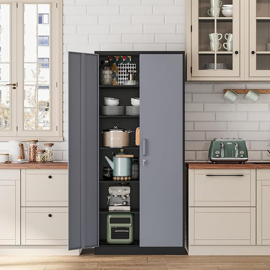 Fesbos Metal Storage Cabinet-72” Tall Steel File Cabinets with Lockable Doors and 5 Adjustable Shelves-Black&Gray Steel Storage Cabinet for Home, School, Office, Garage