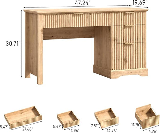 Vabches Fluted Executive Desk with Drawers, Wood Computer Desk with Ample File Drawer, Home Office Desk with Storage for Study, Bedroom, Living Room, Oak