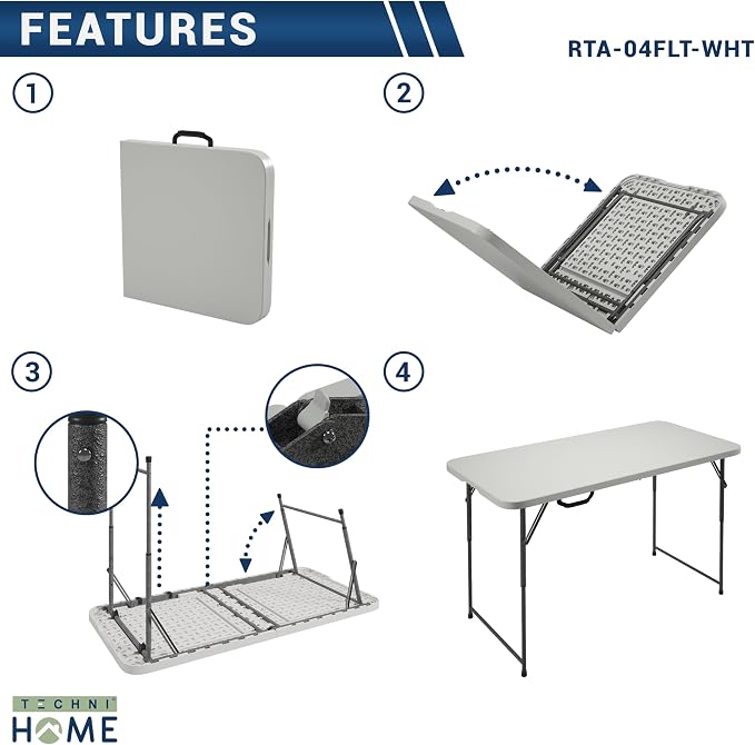 Height Adjustable 4 FT Granite White Folding Table – Premium 4 Foot Folding Table Ideal for Camping, Picnic, Party or as Kids Table | Adjustable height, indoor/outdoor use, camping, picnic, parties, kids table, folding legs, durable resin top, carry ha...