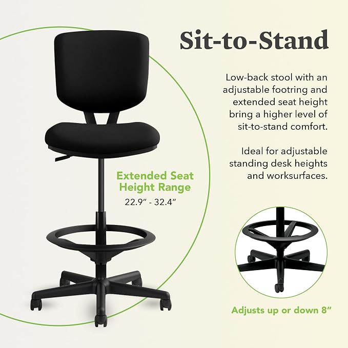 HON Volt Standing Desk Chair with Footring, Armless Ergonomic Task Stool with Center‑Tilt Recline, Adjustable Height Seating for Computers, Desks, and Sit‑Stand Workstations, Black