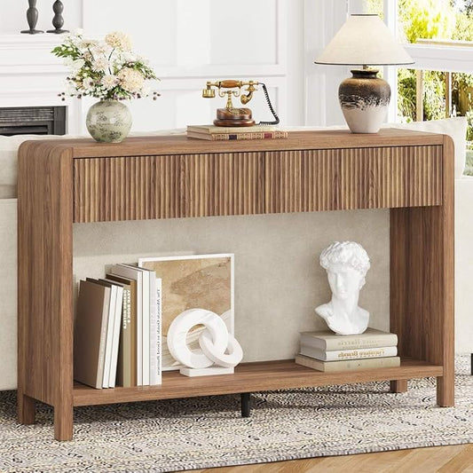 FATORRI Console Sofa Table for Entryway, 47.2 inch Wood Foyer Tables for Living Room, Farmhouse Couch Table behinde Sofa with 2 Drawers for Hallway Storage (Walnut)