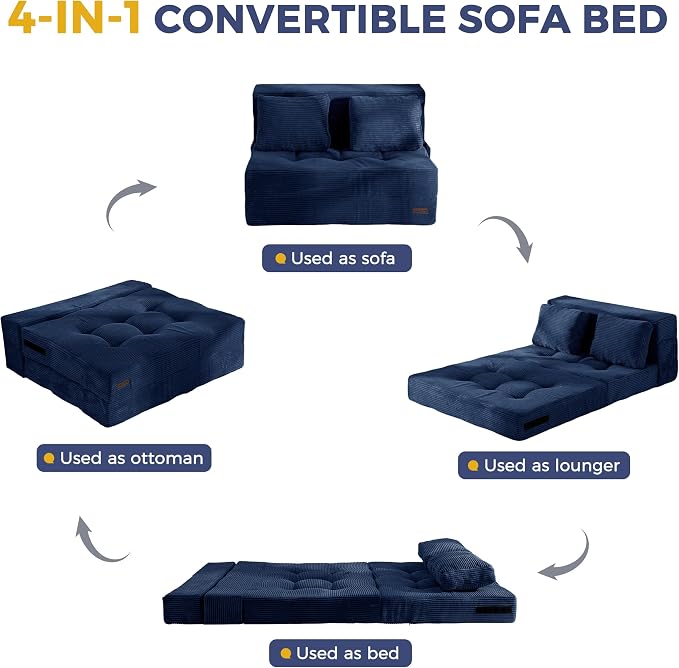 MAXYOYO Convertible Sofa Bed, Fold Out Sofa Couch with Pillow, 4 in 1 Tufted Folding Couch Bed Foam Floor Couch, Lazy Chair for Living Room Bedroom Guest Room, Navy