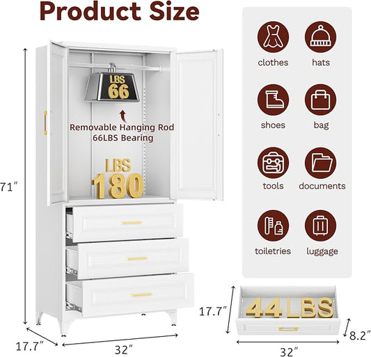 Metal Armoire Wardrobe Closet with Hanging Rod, 71" Tall Wardrobe Cabinet with Doors and 3 Drawers, Clothing Storage Cabinets for Bedroom
