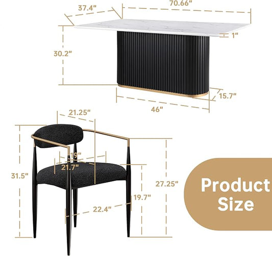 Morden Fort Modern Dining Table and Chairs Set for 6, 70" Black Dining Table with White Faux Marble Top and 6 Upholstered Chairs for Kitchen, Restaurant and Conference