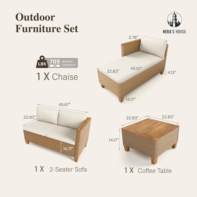 HERA'S HOUSE Small Patio Furniture Set with Fire Pit Table, 5 Pieces 4 Seats Wicker Outdoor Sectional Sets,Yellow Rattan Conversation Set with Sofa and Table for Backyard, l Shape Balcony Couch
