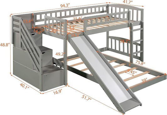 Ball & Cast Twin Over Twin Size Bunk Bed with Two Drawers and Slide,Wood Bunkbed w/Full-Length Guardrails & Storage Ladder,Space Saving,Slat Support,Bedframe for Child's Bedroom,Gray