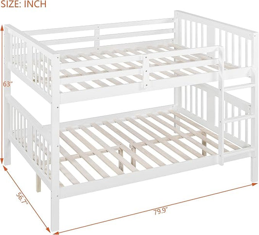 Merax Full Over Full Bunk Bed Convertible to Two Separate Beds, Solid Pine Wood Frame with Safety Guardrail & Headboard/Footboard, Sturdy Durable Design, for Teens, No Box Spring Needed, White