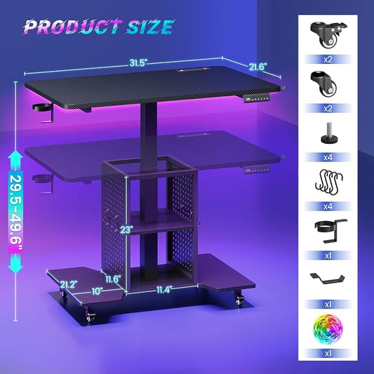 SEDETA Small Standing Gaming Desk, 31.5" Rolling Computer PC Desk Height Adjustable with Power Outlet, Pegboard & Storage Shelves, RGB LED Light, for Small Spaces/Bedroom/Gaming, Carbon Fiber Black