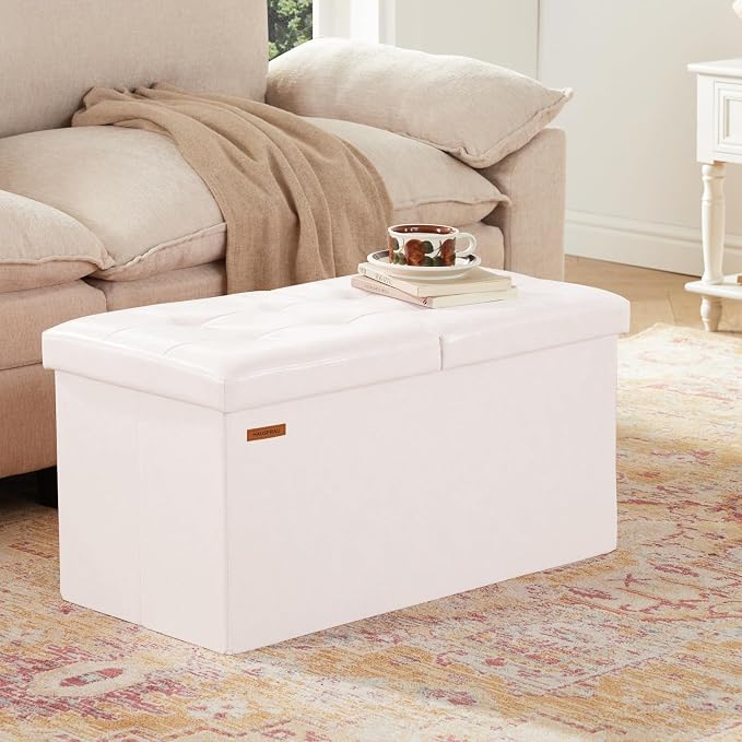 HAUSFRAU - 30 Inches Storage Ottoman Bench with Flipping Lid, Foldable Storage Chest Foot Rest for Living Room, Bedroom, Entryway, Load 660 lb, Synthetic Leather, White