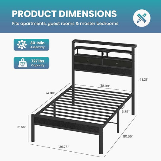 Sweetcrispy Bed Frame Twin Size with LED Lights and Charging Station, Sturdy Platform Beds Frame with Storage Drawers, 3-Tier Shelves and Under Bed Storage, No Box Spring Needed, Black