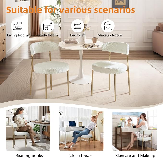 SoarFlash Dining Chairs, Beige Boucle Dining Chairs Set of 4, Kitchen Dining Room Chairs Curved Backrest Upholstered Mid Century Modern Chairs with Golden Metal Legs