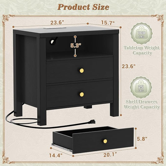 Aheaplus Nightstand with Charging Station, 23.6'' Large Bed Side Table with Wooden 2 Drawers, Night Stand for Bedroom, End Table with Open Storage Shelf for Living Room, Black