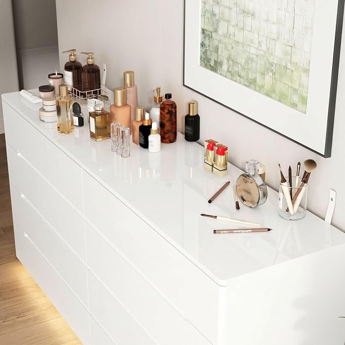 Modern High Gloss Dresser with LED Lights, 8 Drawer Dresser for Bedroom, Bottom Warm Lights, Handle-Free Design, 63" Contemporary Chest of Drawers White 63" W x 15.7" D x 30.9" H