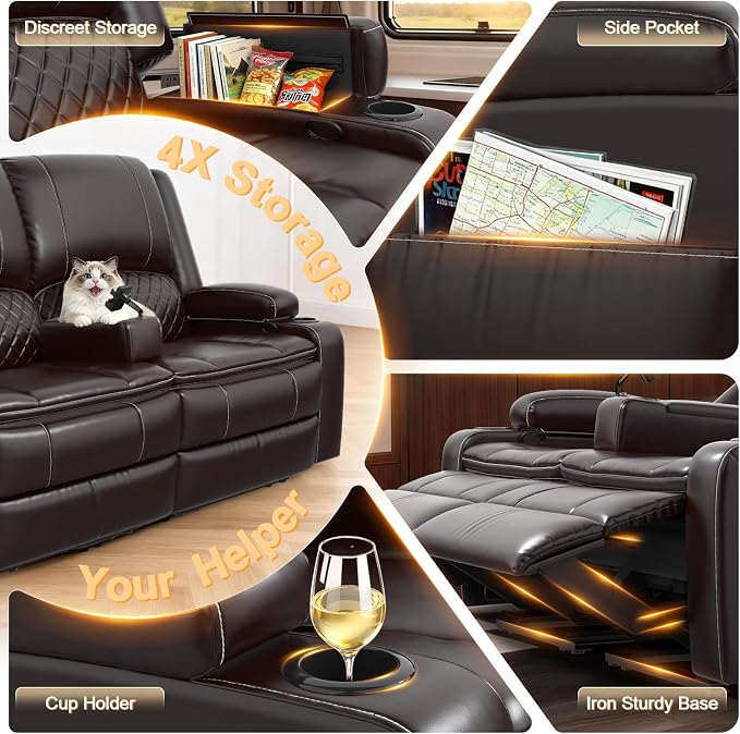 RV Loveseat Recliner Wall Hugger, Manual RV Reclining Loveseat with Removable Armrest, 3X Adjustable Theater Wall Hugger Loveseat Recliners with USB Ports, Cup Holders, Multi-Storage (PU,Brown)