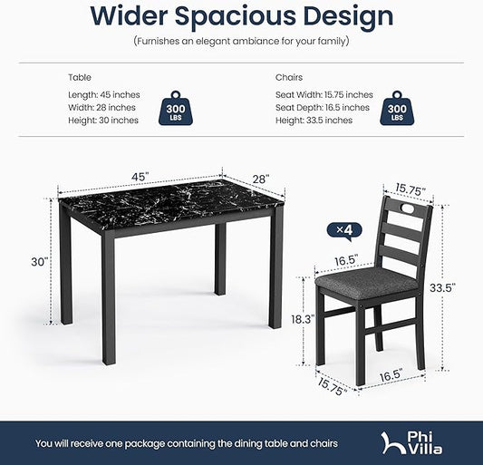 PHI VILLA 5 Piece Dining Table Set for 4, Marble Design Kitchen Table Chairs Set of 4, Solid Wood Space-Saving Dining Room Table Set for Apartment, Veined Black Marble& Gray