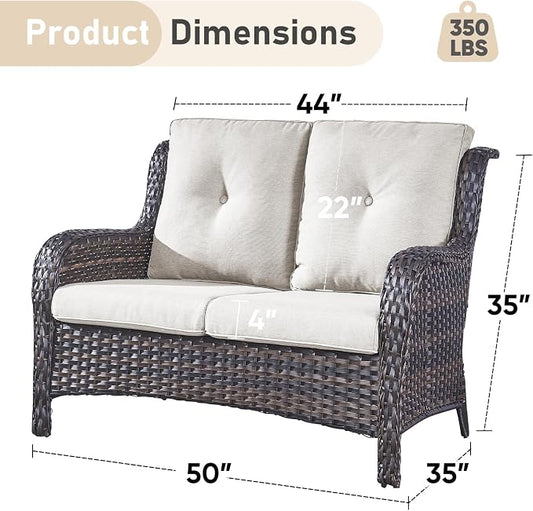 Outdoor Loveseat Sofa-2 Seater Rattan Wicker Patio Couch High Back Patio Sofa for Porch Deck Backyard-Brown/Beige
