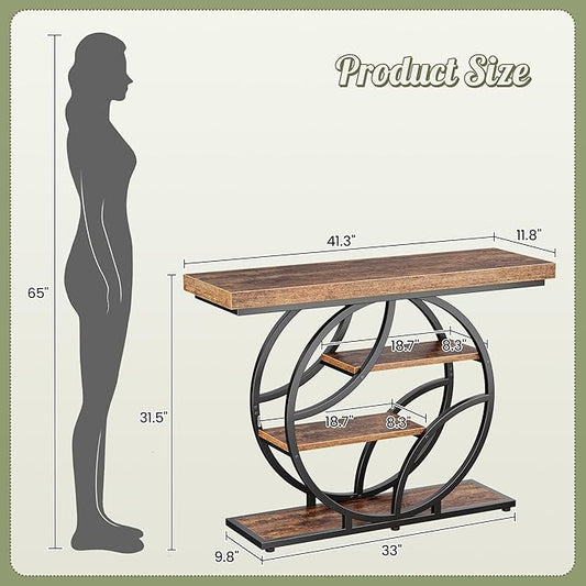 Huuger Modern Console Table, 41.3 Inch Sofa Table with Artistic Curved Metal Frame, Narrow Entryway Table for Hallway, Living Room, Behind Couch, Rustic Brown