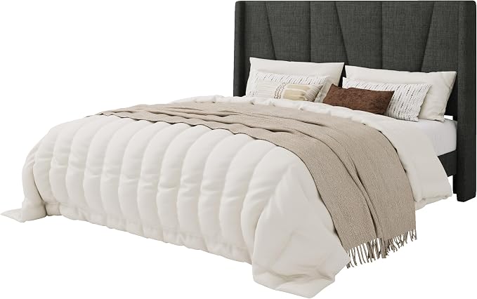 SHA CERLIN Full Size Bed Frame with Geometric Wingback Headboard, Upholstered Platform Bed with Wooden Slats Support, 8" Under-Bed Space, No Box Spring Needed, Easy Assembly, Grey