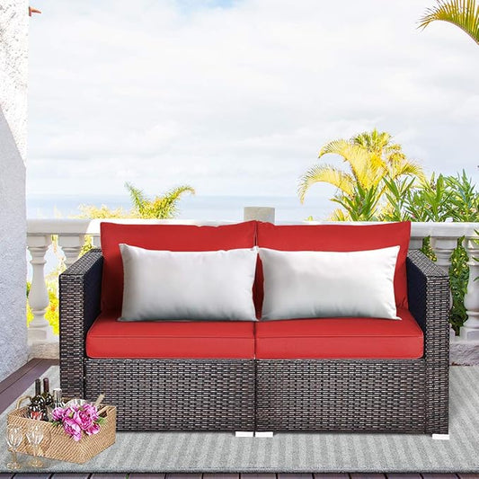 Tangkula 2 Seat Outdoor Wicker Loveseat Sofa Set, Modular PE Rattan 2 Pieces Outdoor Wicker Corner Sofa, Outside Furniture Set for Deck, Backyard, Porch, Garden & Poolside, Red