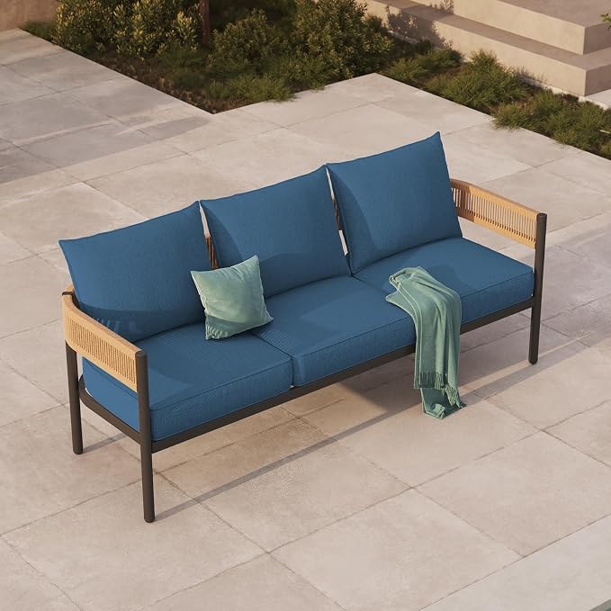 Gand Patio Outdoor 3-Seat Couch Sofa, Wicker Conversation Set with Thick Cushion for Porch, Garden, Yard (Peacock Blue)