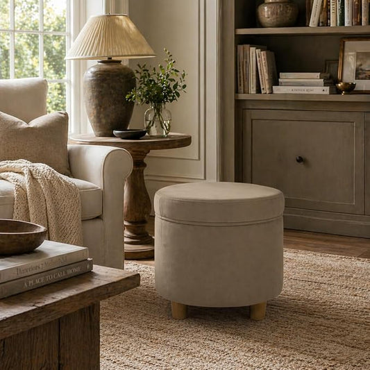 HomePop Home Decor | Upholstered Round Storage Ottoman | Ottoman with Storage for Living Room & Bedroom, Fawn Gray Velvet, Large