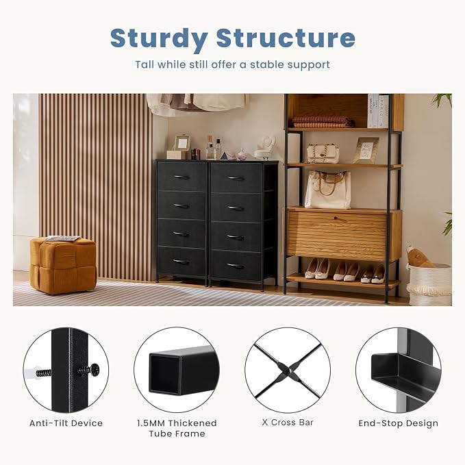 DUMOS Nightstand with 4 Drawers Bedside Table with Removable Fabric Bins Sturdy Steel Frame Wood Top Organizer Furniture for Bedroom Closet Living Room