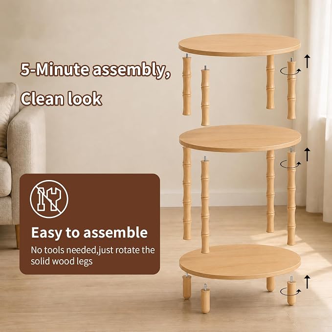 Side Table, 3-Tier Oval Accent Small End Table, Modern Oval Nightstand Accent Table for Small Space, Bedrooms, Living Room, Easy to Assemble, Natural
