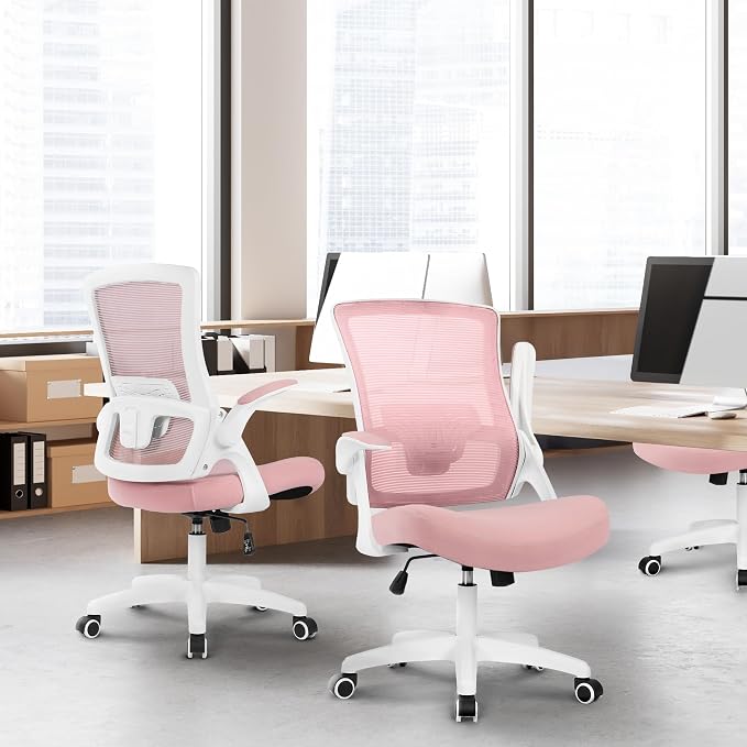 NEO Chair Office Desk Gaming Chair Computer High Back Mesh Seat with Rolling Wheels Ergonomic Adjustable Comfy Flip-up Armrests Lumbar Support Height for Home (Pink White Frame)
