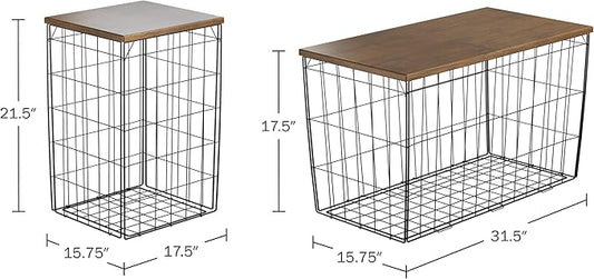 Set of 3 Living Room Tables - Metal Basket Storage with Removable Lids - 2 Small Side and 1 Large Accent Table by Lavish Home (Brown/Black)