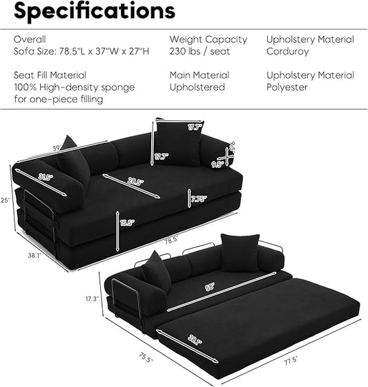 ZEIINPA Convertible Sleeper Sofa Bed with Cylindrical Pillow, Corduroy Folding Mattress Couch with Fixed-Shape Frame, Floor Sofa Lounge Couch for Living Room Bedroom Lounge Studio-Black