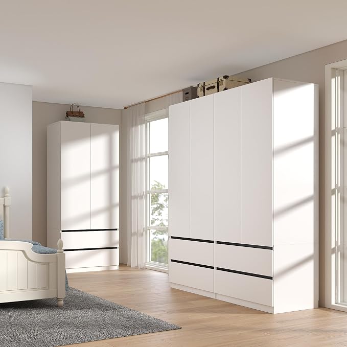 White Armoire Wardrobe Closet: 75" Large Wardrobe Closet with 4 Doors, Modern Bedroom Armoires with 4 Drawers, Tall Wood Closets for Hanging Clothes