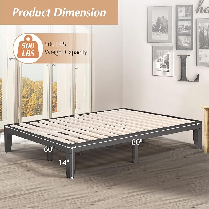 COSTWAY Queen Size Platform Bed Frame, 14 Inches Solid Rubber Wood Bed Mattress Foundation with Sturdy Slats Support, Easy Assembly Bed Frame for Home Hotel, No Box Spring Needed (Espresso, Queen)