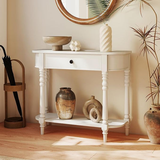 Giantex 2-Tier Narrow Console Table, 36" White Entryway Table with Storage Drawer & Elegant Legs, Wooden Sofa Table with Open Shelf for Living Room, Foyer, Hallway, Bedroom, Entrance