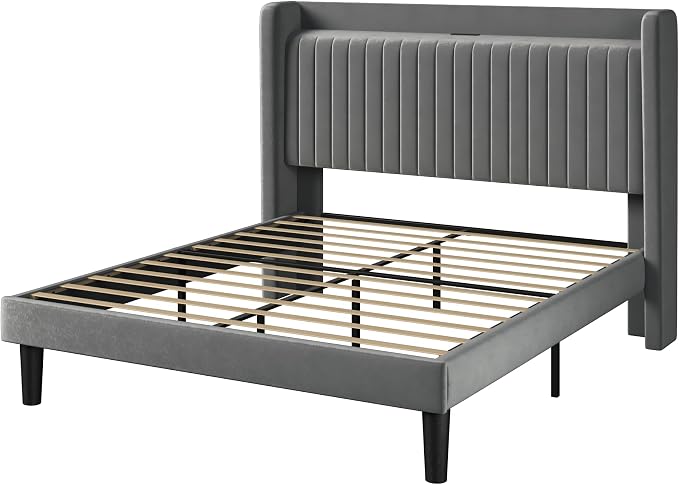 Allewie Full Size Platform Bed Frame with USB Charging Station and Storage Shelf/Upholstered Velvet Wingback Headboard/Wooden Slats Support/No Box Spring Needed/Easy Assembly, Grey