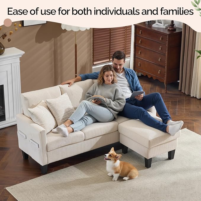 VINGLI 68.5' L Shaped Couch with Movable Storage Ottoman, Convertible Sectional Sofa in Soft Corduroy Fabric, Modern Reversible Chaise Couch for Small Spaces, Apartment, Living Room,Cream White