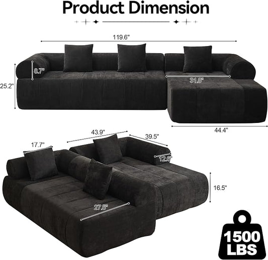 119'' Curved Boneless Sofa Couch, 3 Seat Cloud L Shaped Deep Seat Couches for Living Room, No Assembly Modular Sofa with Right Chaise Lounge, Black