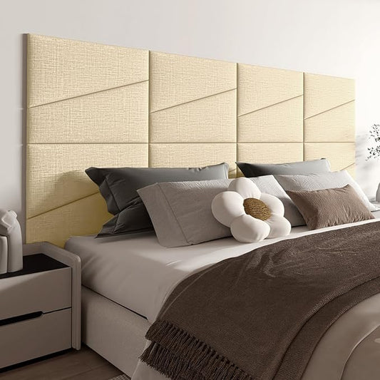 Peel and Stick Headboard for King Bed Linen Fabric Upholstered Wall Mounted Headboard - Wall Padding Panel in Beige for Bedroom/Living Room/Dorm (8 Panels)