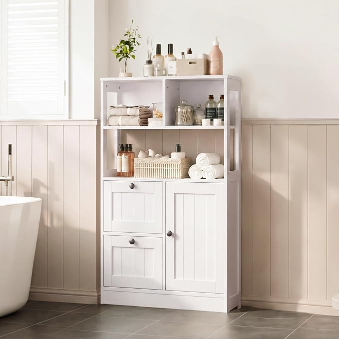 GRUSIGN Bathroom Storage Cabinet with Door and Drawers, Small Freestanding Bathroom Cabinet Organizer, Farmhouse Wooden Cupboard with Adjustable Shelves for Kitchen, Living Room, White