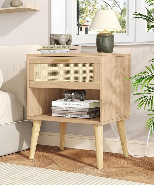 Keehusux 17.7" W x 15.7" D Rattan Nightstand Set of 2, Night Stand with Charging Station, Bedside Table with Open Shelf & Solid Wood Legs, Boho Night Stand with Drawer, End Table for Bedroom, Natural