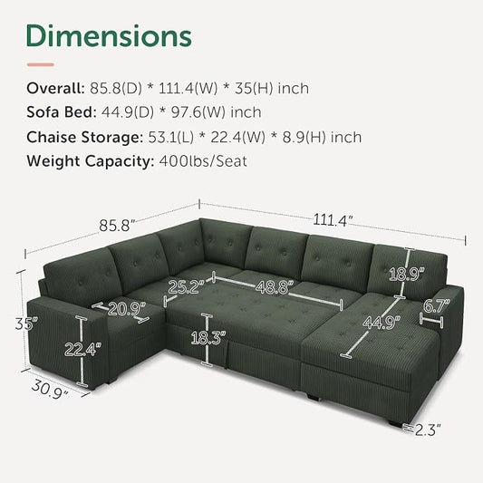 HONBAY Modular Sectional Sleeper Sofa with Pull Out Bed, U Shaped Sleeper Couches with Storage Chaise, 114'' Sleeper Sectional Sofas for Living Room, Apartment (Velvet Green)