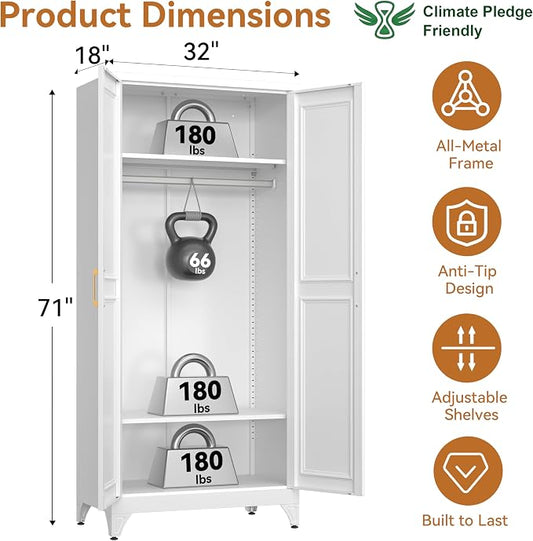 Polup Metal Armoire Wardrobe Closet with Doors and Shelves, 71" Tall Freestanding Wardrobe Cabinet for Hanging Clothes, Large Closet with Hanging Rod for Bedroom, Office, School, Employee, Gym, White