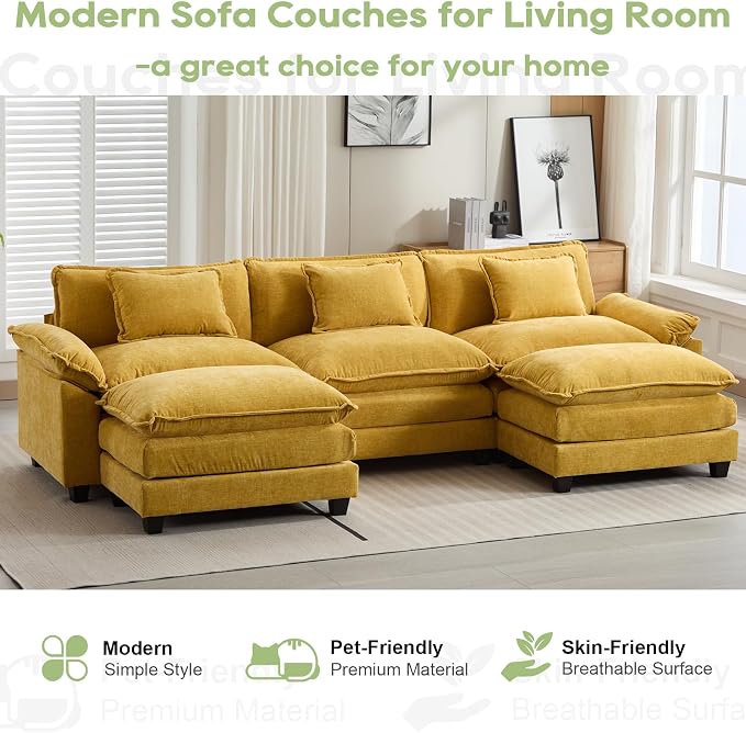 Oprisen 120" Modular Sectional Sofa, Comfy Cloud Couch Sectional Sofa with Ottoman, Chenille Sofa Sleeper Deep Seat Sofa with Throw Pillows for Living Room (Yellow, 120"- U Shape)