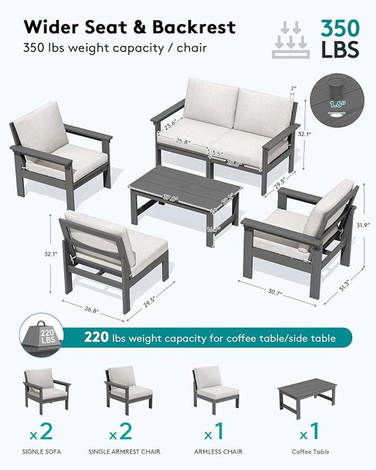 SERWALL HDPE Patio Conversation Set, 6-piece Sectional Outdoor Furniture Set, All Weather Outdoor Couch Set Patio Furniture Set for Deck, Lawn, Grey Frame with Khaki Cushion