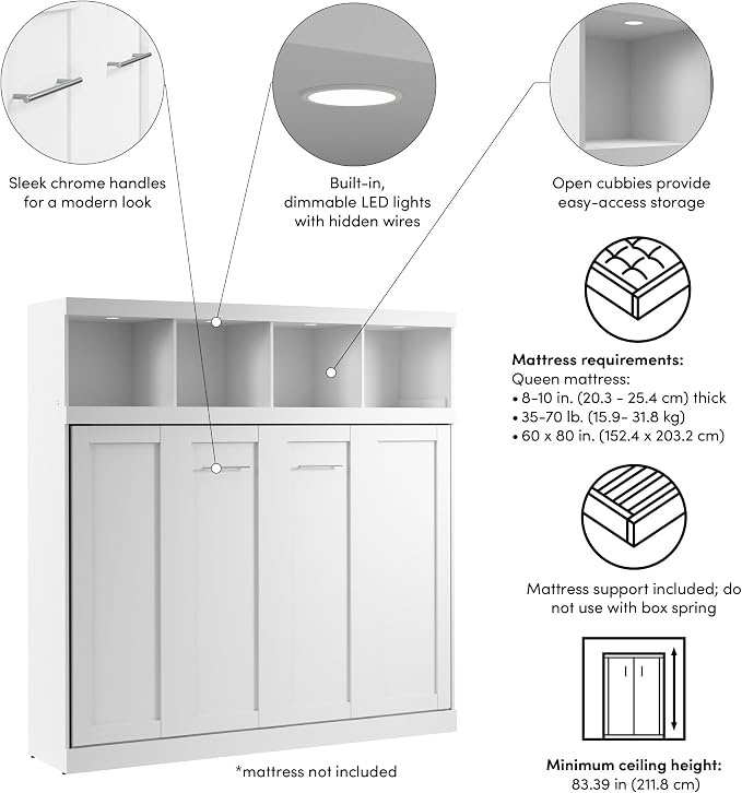 Bestar Queen Size Horizontal Murphy Bed with Storage and Charging Station, 80-inch, for Bedroom or Guestroom, Pur Collection, Modern, White